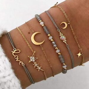 Bracelets Boho Étoiles Lune perles d'or Strass main Chaînes Amour femmes filles (6 pièces)