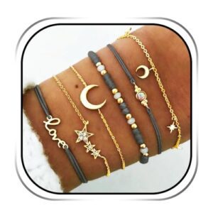 Bracelets boho Étoiles et lune en cristal, pierres précieuses - Lot de 6