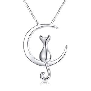 Collier Chat Argent 925 en forme de croissant de lune et chat, Bijoux pour Femmes