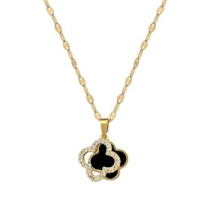 Collier Pendentif Trèfle Onyx Or Acier Zircon Lucky Bijoux Cadeaux Femme