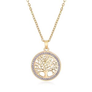 Collier arbre de vie acier inoxydable or Zircon clair pendentif rond - Bijoux mode